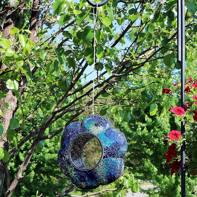 Sunnydaze 10-Inch Glass Mosaic Hanging Bird Feeder for Outdoors - Fly-Through Wild Bird Feeder - Indigo Flower Mosaic