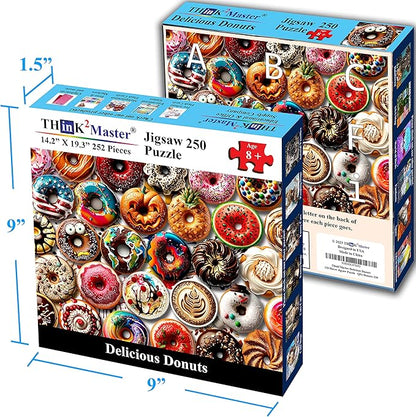 Think2Master Donuts 250 Pieces Jigsaw Puzzle. Perfect White Elephant Gag Gift. Fun Toy for Kids, School & Families.Great Gift for Boys & Girls Ages 8+. Size: 14.2” X 19.3”