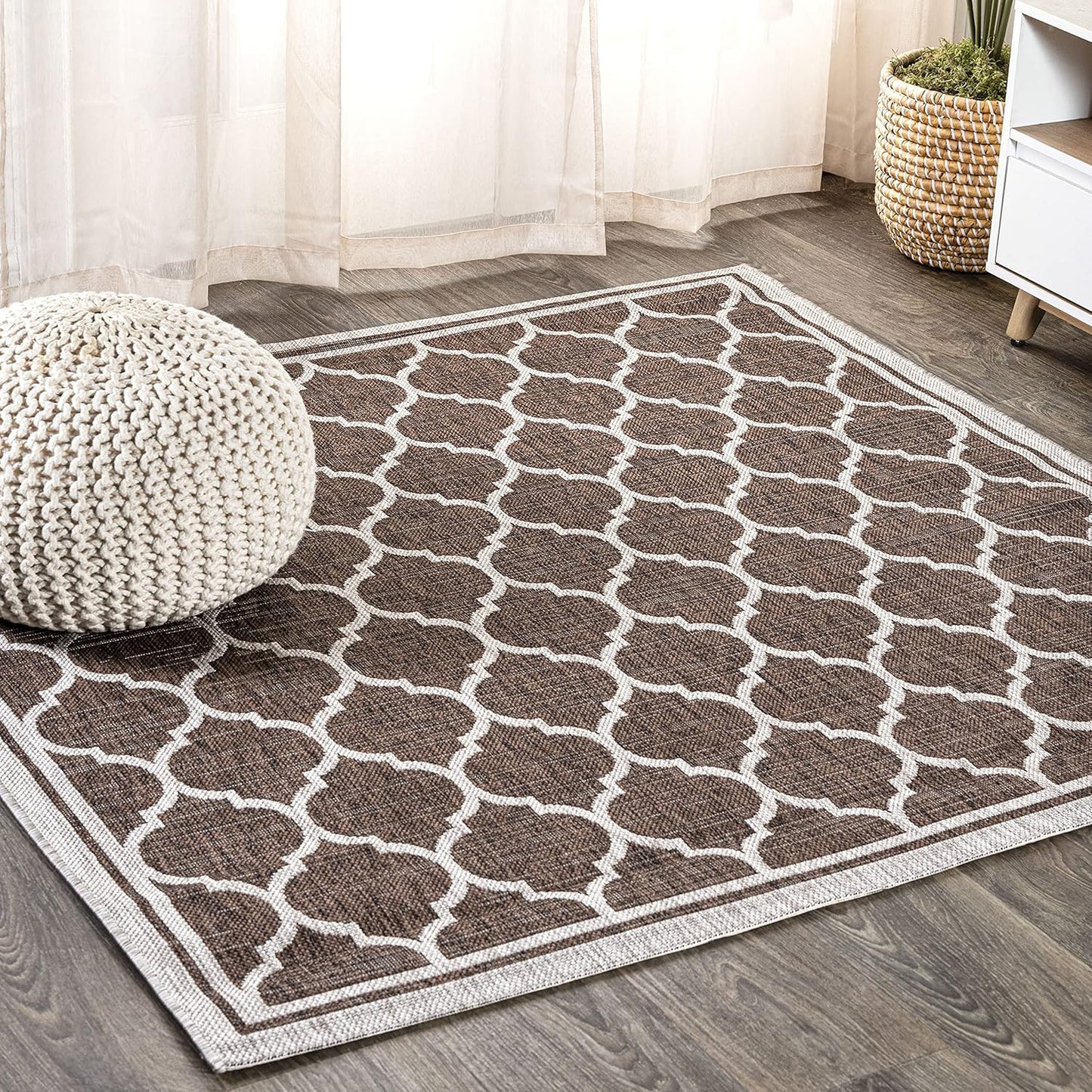 Eyely BMS109B-5SQ Santa Monica Trebol Moroccan Trellis Textured Weave Indoor/Outdoor Area Rug Coastal;Bohemian, Bedroom, Backyard, Patio, Easy-Cleaning, Non-Shedding, 5' Square, Espresso/Taupe
