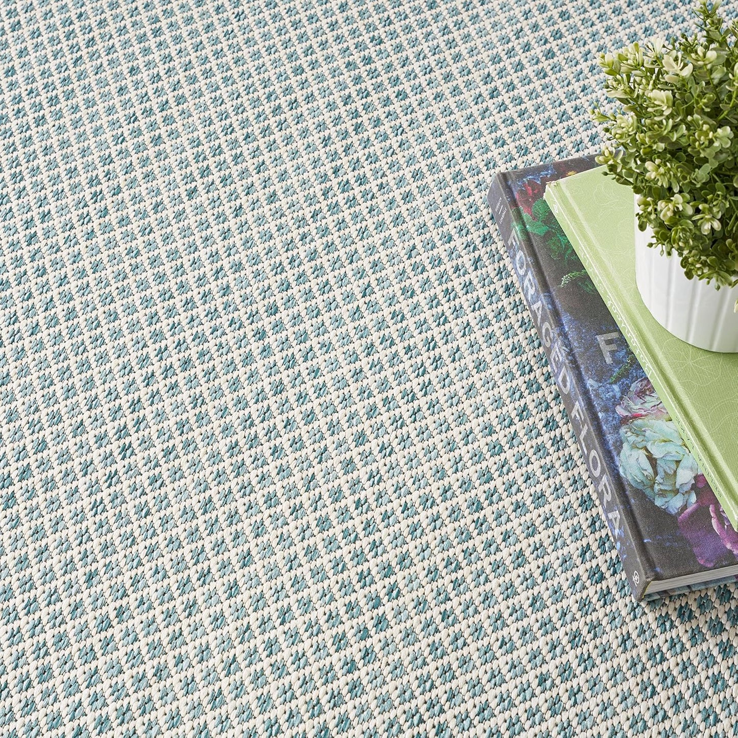 Nourison Home Courtyard Indoor/Outdoor Ivory/Aqua 5' x 8' Oval Area Rug, Easy Cleaning, Non Shedding, Bed Room, Living Room, Dining Room, Backyard, Deck, Patio (5x8 Oval)