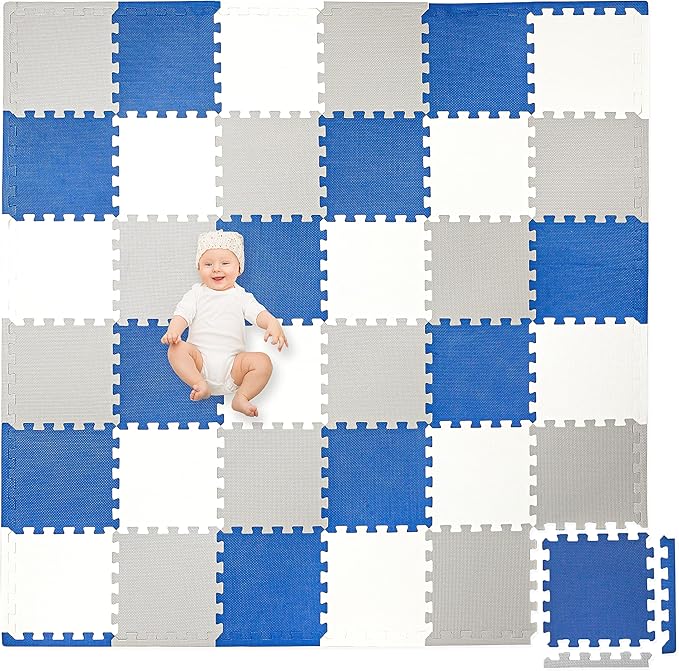 Play Platoon Non-Toxic Foam Puzzle Floor Mat, Comfortable, Extra Thick, Cushiony Exercise and Play Mat for Toddlers, Kids & Adults, 36 Tiles (12"x12"), Grey/Cream/Navy
