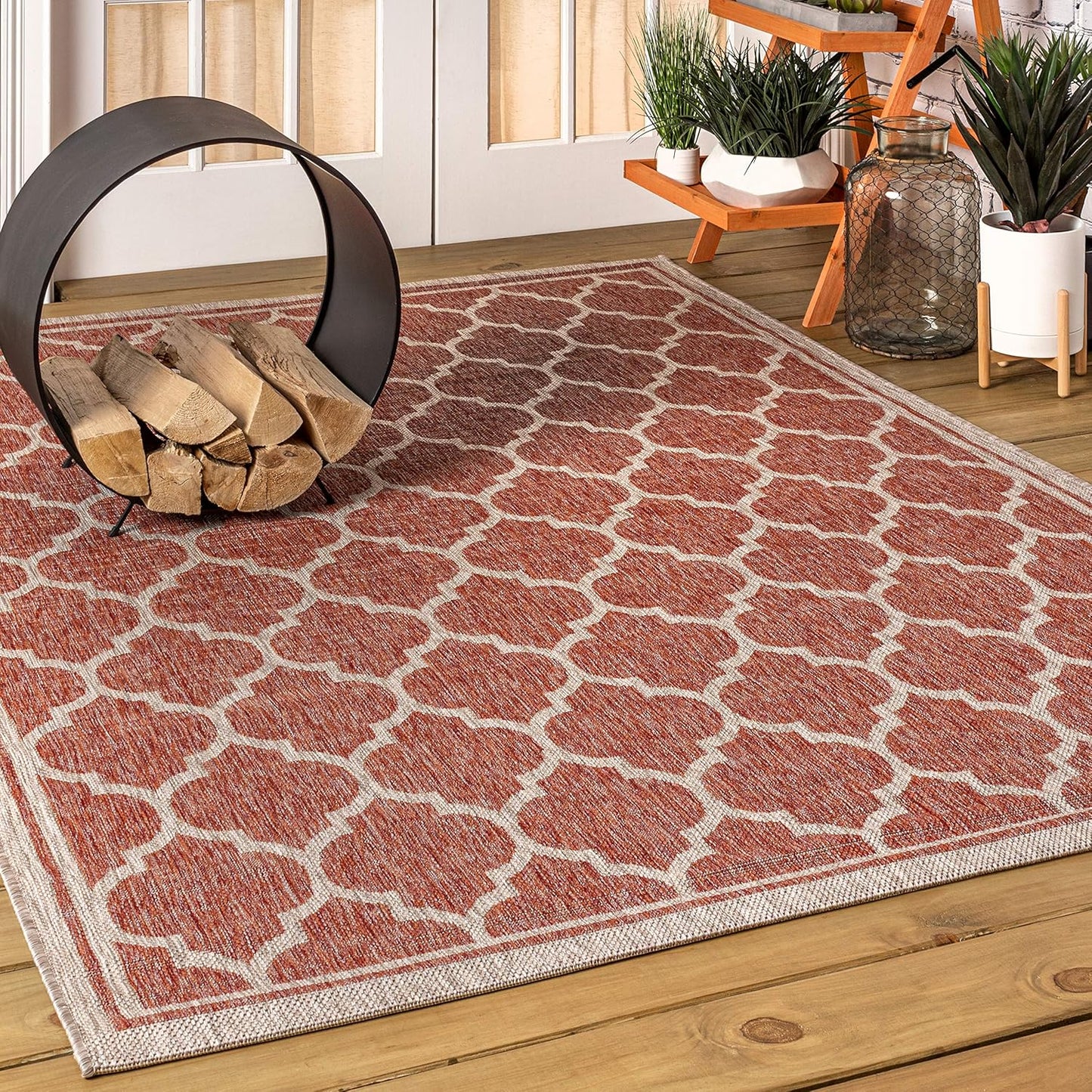 Eyely BMS109C-5 Santa Monica Trebol Moroccan Trellis Textured Weave Indoor/Outdoor Area Rug Coastal;Bohemian, Bedroom, Backyard, Patio, Easy-Cleaning, Non-Shedding, 5 X 8, Red/Beige