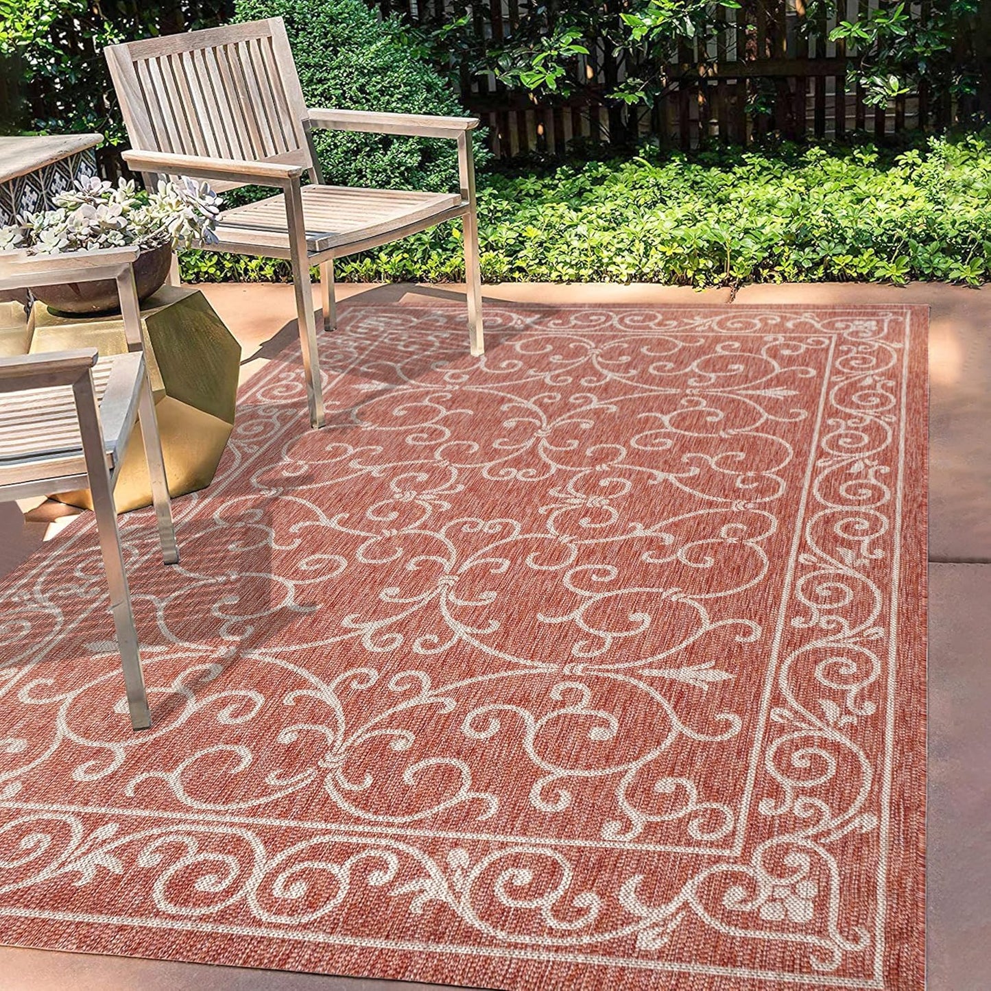 JONATHAN Y SMB106B-9 Charleston Vintage Filigree Textured Weave Indoor Outdoor Area Rug Classic Coastal Easy Cleaning Bedroom Kitchen Backyard Patio Non Shedding, 9 X 12, Red/Beige