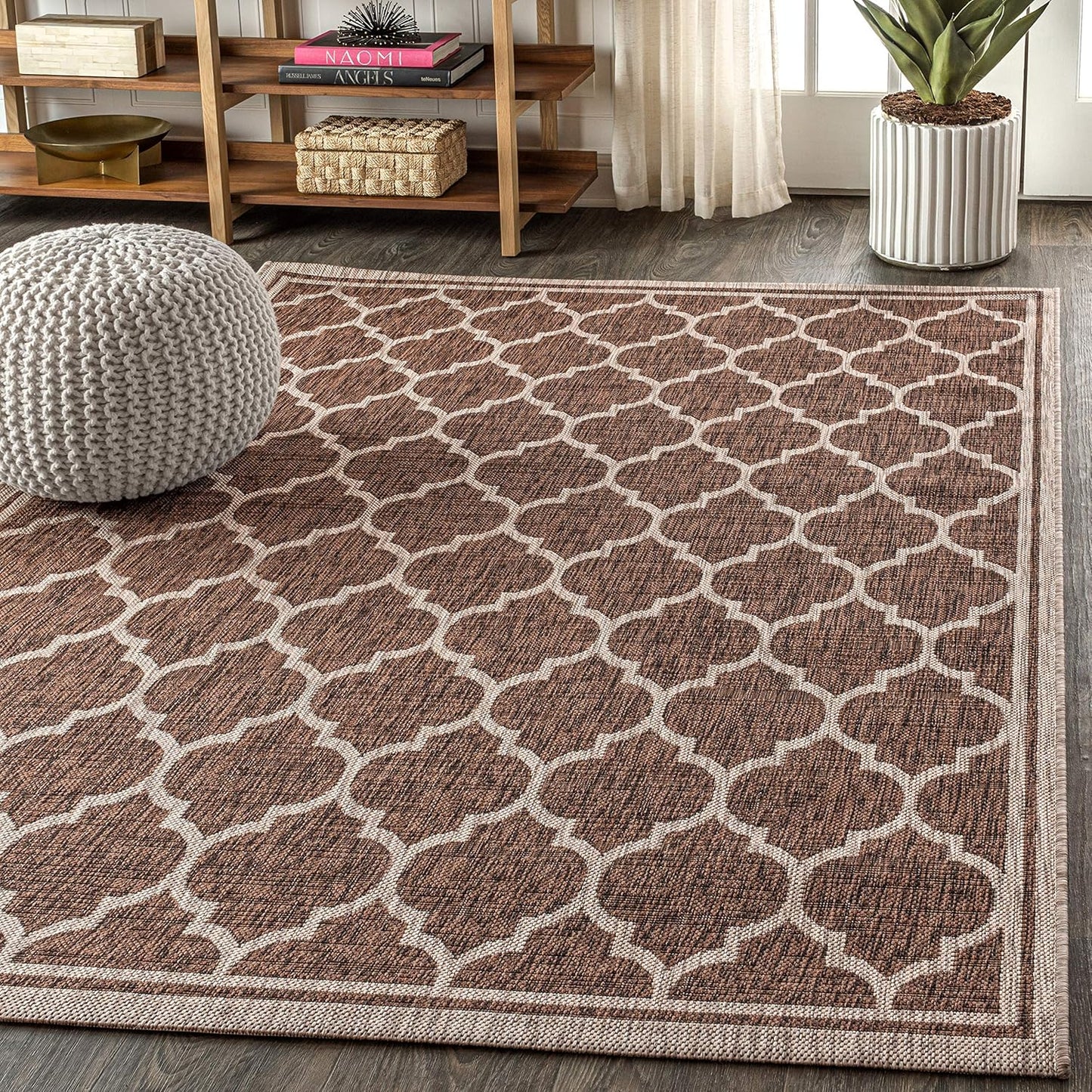 Eyely BMS109B-9 Santa Monica Trebol Moroccan Trellis Textured Weave Indoor/Outdoor Area Rug Coastal;Bohemian, Bedroom, Backyard, Patio, Easy-Cleaning, Non-Shedding, 9 X 12, Espresso/Taupe