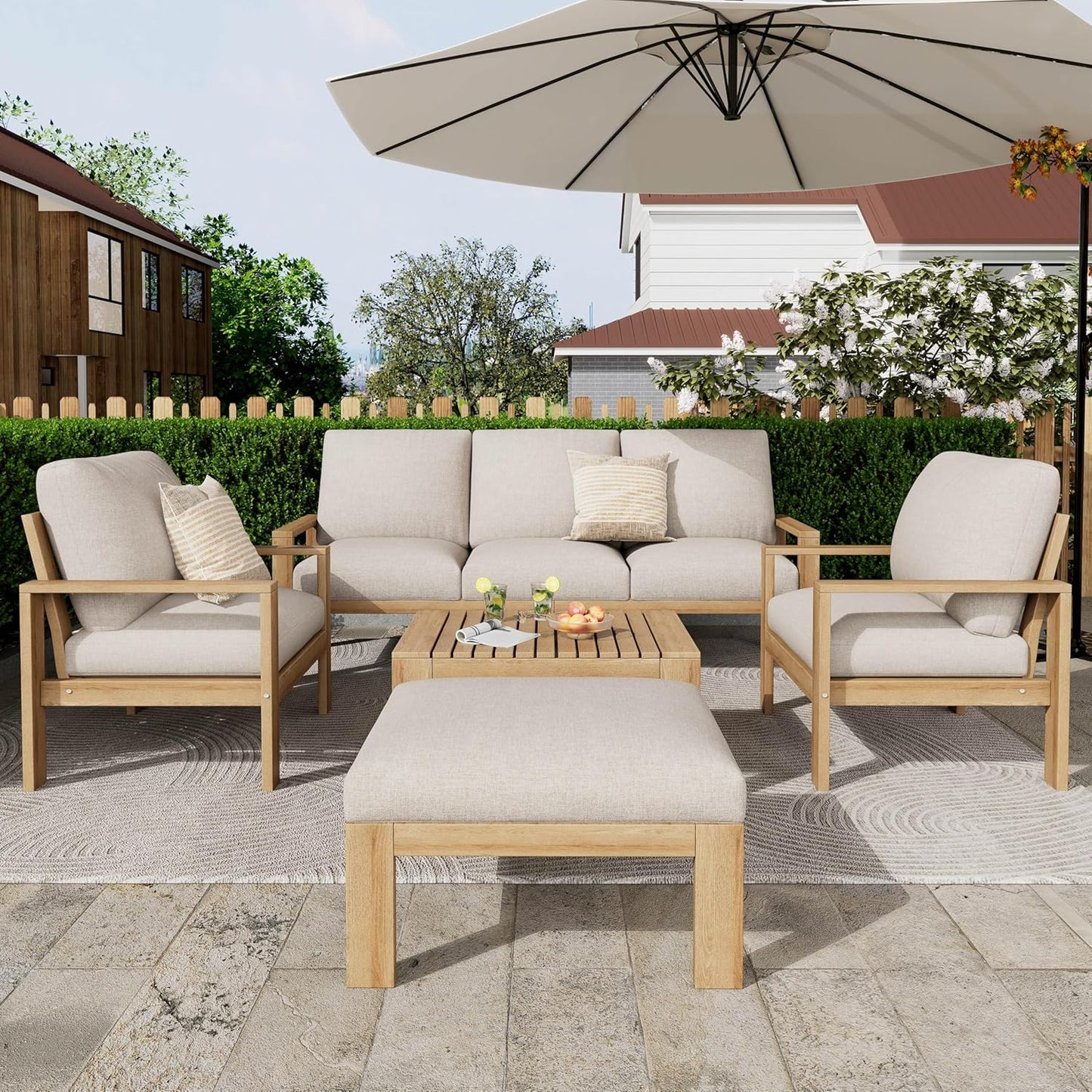 Outdoor 5 Pieces Sectional Patio Sofa Set, Acacia Wood Conversation Set with Coffee Table, Ottoman and 2 Chairs for Backyard Porch Garden Balcony