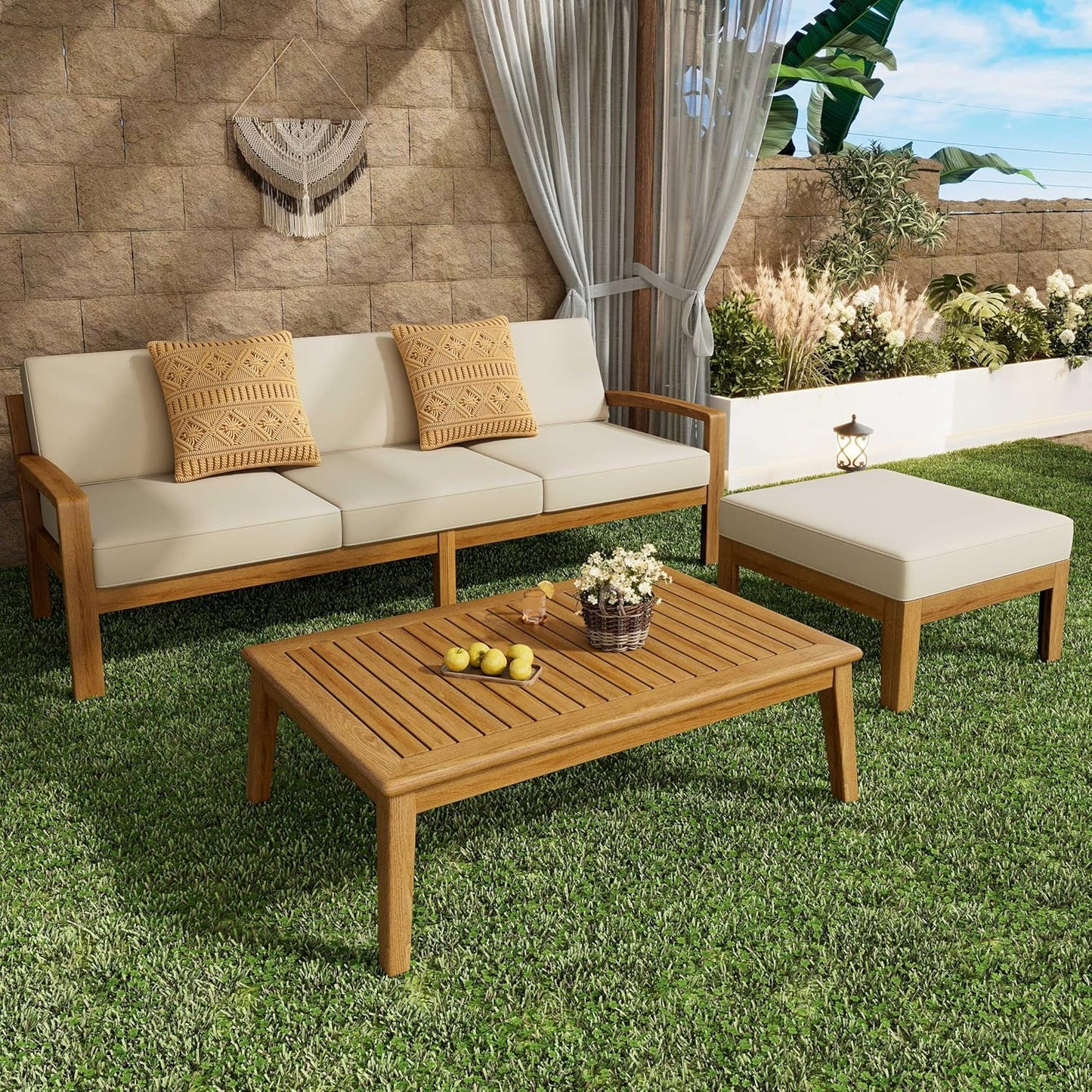 L-Shape Outdoor Furniture Set, 3-Piece Acacia Sectional Patio Sofa Set with 3-Seater Sofa, Coffee Table and Ottoman, Conversation Set for Garden, Poolside, Backyard